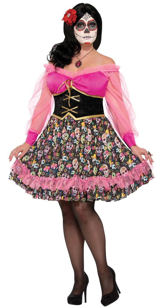 pink day of the dead dress Women's Pink Ruffle Day of the Dead Inspired Costume