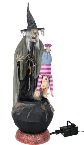 Animated Stew Brew Witch with Kid Prop with Fog Machine