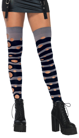 Distressed Opaque Striped Thigh-Highs